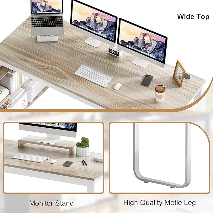 55 Inch Reversible L Shaped Computer Desk with 3 Drawers, Corner Desk with Storage Shelves and Removable Monitor Stand, White and Walnut