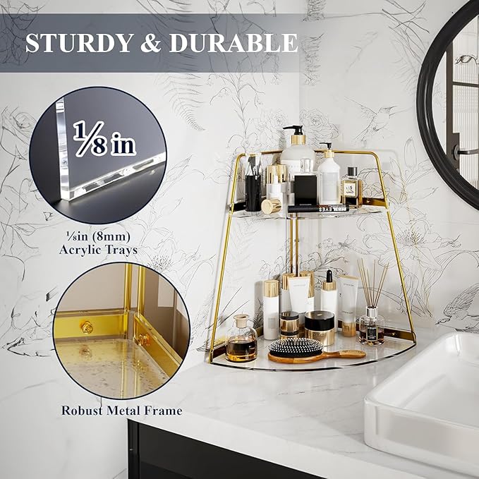 NiHome 2-Tier Acrylic Countertop Corner Organizer for Bathroom Kitchen Bedroom, Corner Skincare Organizers Makeup Organizer for Vanity Storage - Sturdy Metal Frame & Anti-Slip Pads, Home & Office Use
