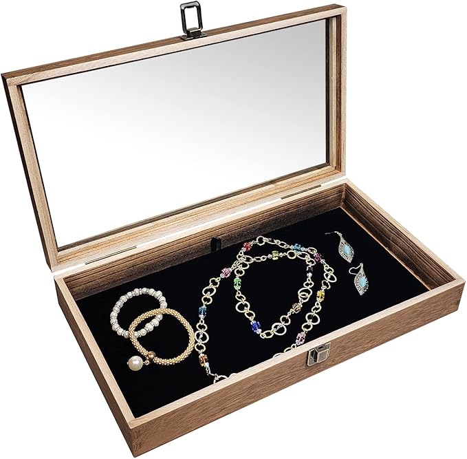 MOOCA Glass Top Wooden Jewelry Display Case with Removable Black Luxurious Velvet Jewelry Display Pad, Deeper 2.75-Inch Design for Taller Collectibles, Brown Color