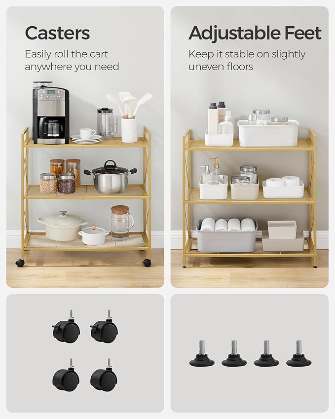 SONGMICS 3-Tier Metal Storage Rack with Wheels, Mesh Shelving Unit with X Side Frames, 31.5-Inch Width, for Entryway, Kitchen, Living Room, Bathroom, Industrial Style, Metallic Gold UBSC183A01