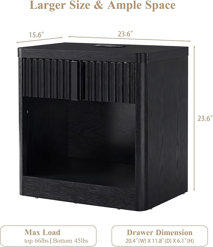Fluted Nightstand Set of 2 with Charging Station, 23.6" End Table with Open Shelf and Drawers Storage, Bedside Table with Solid Wood Handle, Curved Profile Design, Night Stand for Bedroom
