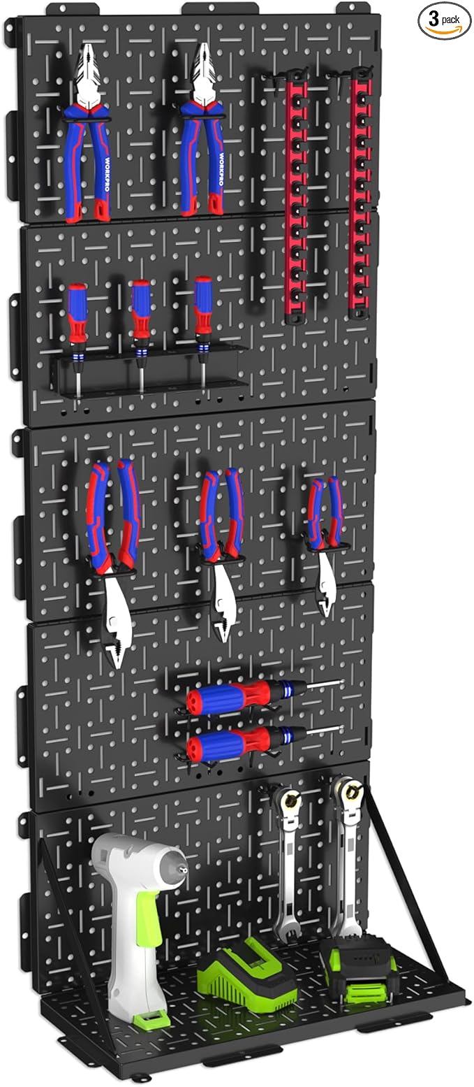 WORKPRO 16”x 16” Metal Peg Board, Foldable Black Pegboard for Wall Organization, Steel Panel with Round Holes & Vertical Slots, Ideal Tool Organizer in Office and Craft Room, 3 Pack