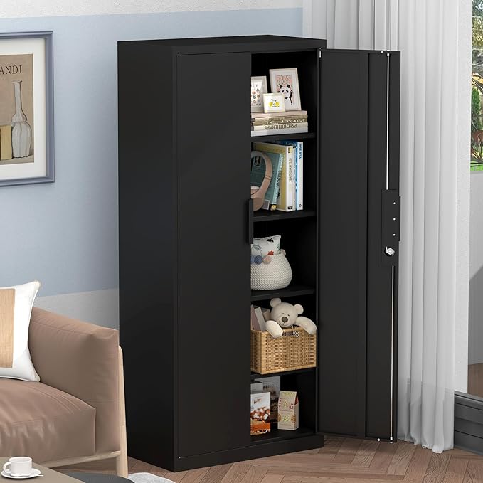 Metal Garage Storage Cabinets, 71" H Black Storage Cabinet for Basement, Heavy Duty Organizer with Adjustable Shelves, Locking Cabinet with 2 Keys, Tall Garage Organizer for Tools