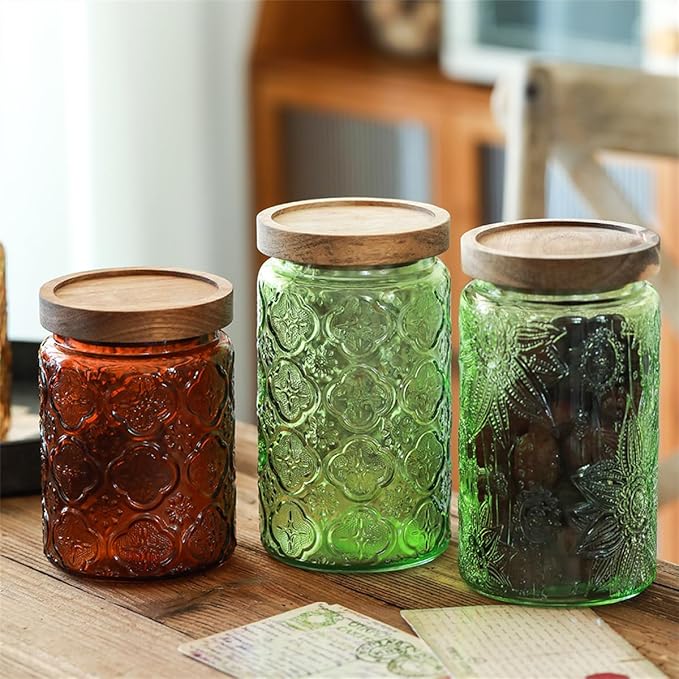 Vintage Glass Storage Jar with Solid Wood Lid - Sunflower Design Kitchen Canister for Coffee, Candy, Laundry Detergent - Cute Food Storage Jar (Green, 34 Ounces)