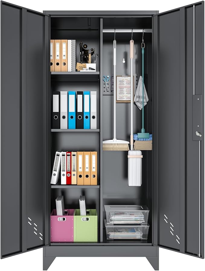 Garage Storage Cabinet, Broom Closet Storage Cabinet, Storage Shed, Metal Cabinets with Doors and Shelves, Tool Shed for Brooms and Mops, Utility Cabinets for Storage,Small Cabinet