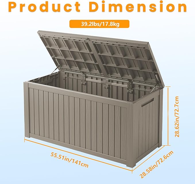 200 Gallon Resin Deck Box, Waterproof Outdoor Storage Box for Patio Furniture, Garden Tools, and Pool Accessories, Lockable UV-Resistant Storage Bin Bench Cabinet for Outside, Grey