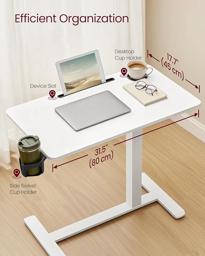 VASAGLE Overbed Table with Wheels, Mobile Standing Computer Desk, 31.5 x 17.7 Inches Tabletop, Adjustable Height, 2 Cup Holders, Phone and Tablet Slot, Cloud White ULSD601W01