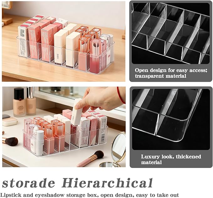 2 Pack Clear Acrylic Makeup Organizers, 7-Section Bathroom Organizer for Drawer, Cosmetic Display Cases, Blushes Highlighters Eyeshadow Powder Makeup Organizer Holder Storage