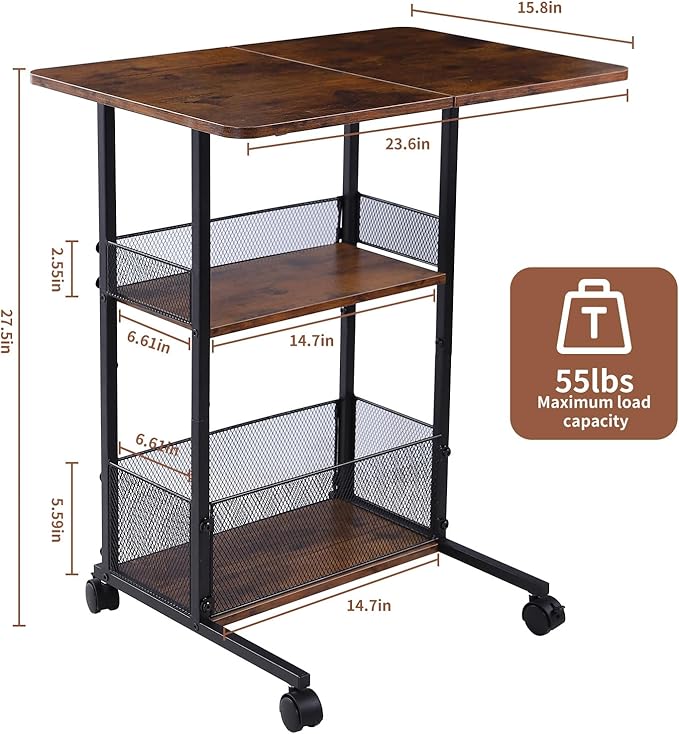 C Shaped End Table with Storage Shelf Basket, Small Couch Table with Wheels for Sofa Recliner Bedside, Rustic Brown Side Tables with Extended Desktop for Living Room, Bedroom, Home,Office