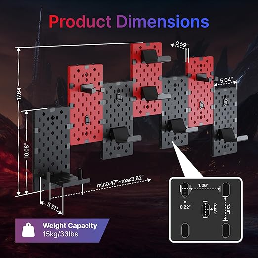 PEGZONE Controller and Headphone Holder Wall Mount, Modular Gaming Pegboard with Accessories, Controller Stand for Xbox PS5 PS4 Switch, Video Game Storage, Disc Shelf, 7pcs Pegboard, Black & Red