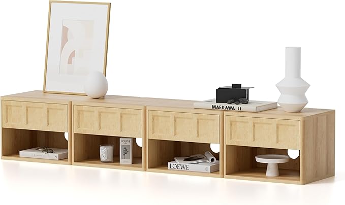 Floating Nightstand Set of 2, Wall Mounted Bedside Table with Storage Drawer and Open Shelf, Modern Night Stand with Curved Corners for Living Room, Bedroom, Dorm, Natural Oak