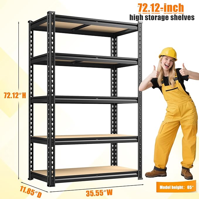 72.12" H Garage Shelving, Storage Shelves Load 2100LBS, 5-Tier Adjustable Shelving Unit with Thickened Wooden Boards for Multiple Scenarios, 72.12" H x 35.55" W x 11.85" D, Black