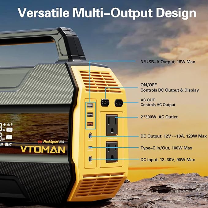 VTOMAN FlashSpeed 300 Portable Power Station, 300W 230Wh LiFePO4 Battery with 3000 Life Cycles, 100W PD USB-C Fast Charge, 6 Outputs for Outdoor Camping, Home Backup, RV, Off-Grid