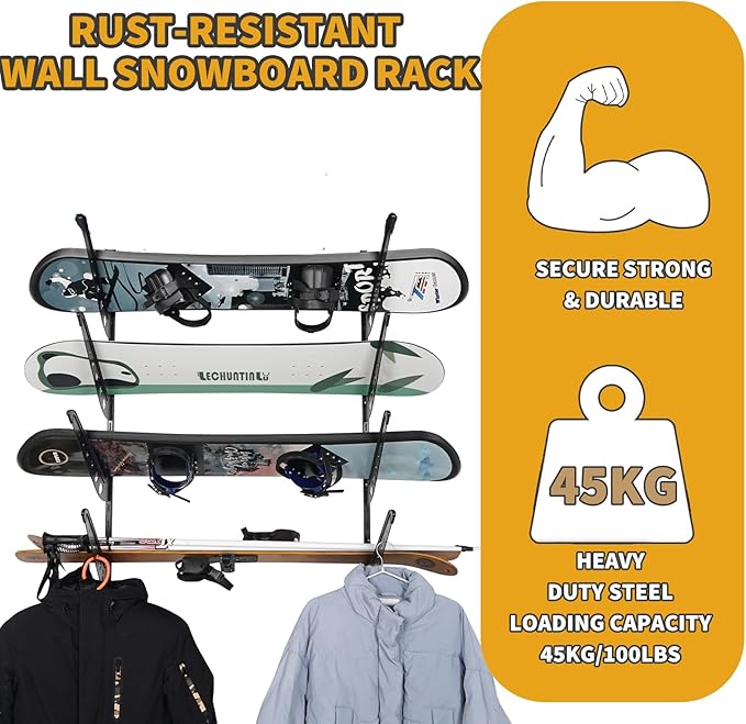 Snowboard Wall Racks, Adjustable Storage Rack for Ski, Surfboard, Wakeboard, Snowboard Wall Mount Display, White/Black
