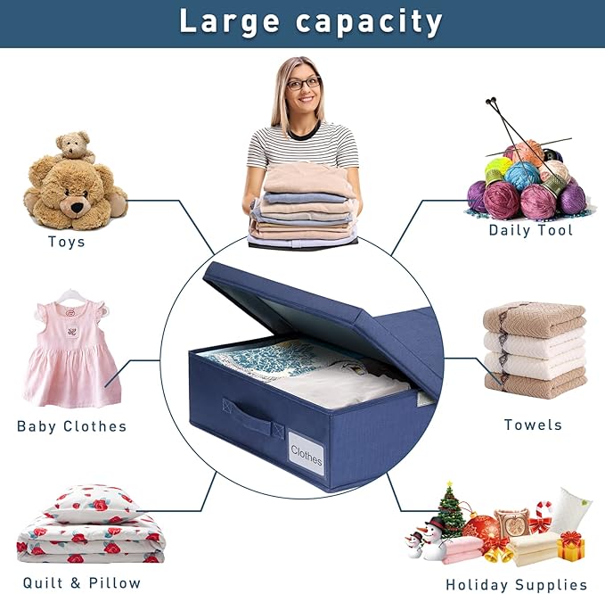 punemi Under Bed Storage Containers, 2 Pack Under Bed Organizer With Lids, Long Flat Stackable Clothes Storage Bins Large Underbed Storage, Organization and Storage Closet For Toys Blankets, Navy