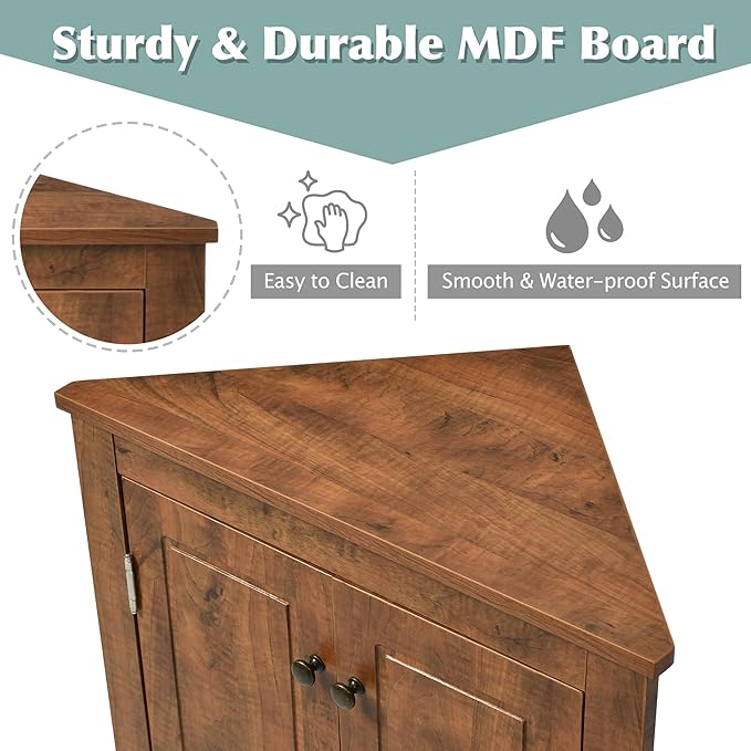 GDFStudio 31.5" H Triangle Corner Bathroom Storage Cabinet with Adjustable Shelves,Freestanding Floor Cabinet for Small Spaces,Water-Resistant Cabinet Modern Organizer for Home,Kitchen,Hallway, Brown
