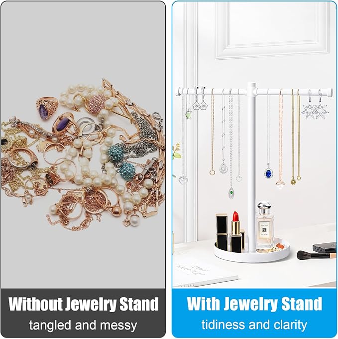 Jewelry Necklace Organizer Stand,12.9" Tall Sturdy Metal Jewelry Stand with Round Tray for Bracelet Bangles Holder Display,Long Necklace Organizer Holder (white)