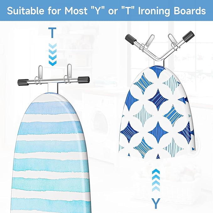 Ironing Board Hanger Wall Mount, Ironing Board Holder for T or Y Leg, Iron Board Holder Stainless Steel, Iron Board Hanger for Laundry Room, Iron Boards Hook for Wall