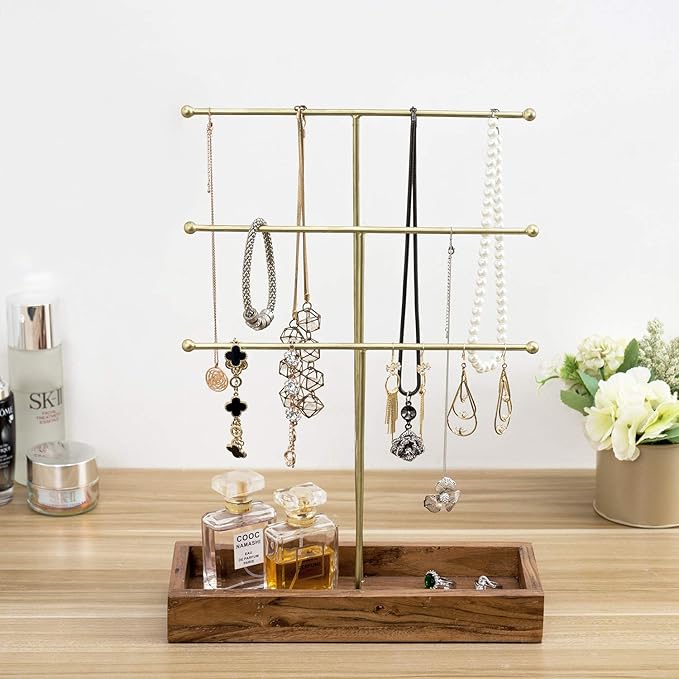 MyGift Handmade 3-Tier Brass Metal Jewelry Tree Organizer Stand and Ring Tray with Solid Acacia Wood Base, T Bar Necklace and Bracelet Display Rack, Handcrafted in India