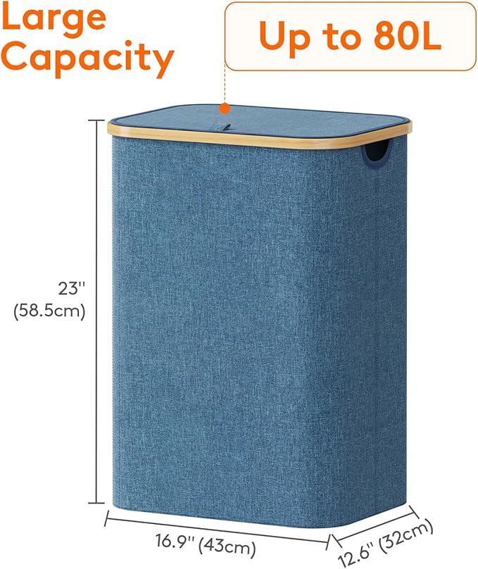 Lifewit 80L Laundry Basket with Lid, Clothes Hampers with Bamboo Handles and A Removable Laundry Bag, Large Foldable Hamper for Bedroom, Bathroom, Dorm, LaundryRoom, Dark Blue