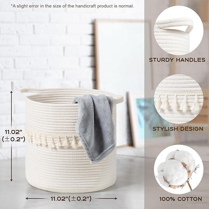 danpinera 3 Pack White Storage Baskets, 11"x11" Soft Woven Baskets for Storage and Decor in Bedroom, Nursery, Closet, Small Round Rope Baskets for Shelves, Decorative Storage Basket