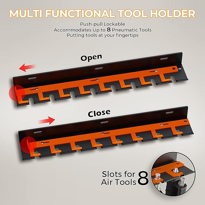 Air Tool Holder, Air Tool Rack for Garage Walls and Tool Cart Storage Organizer，Wall Mounted Lockable Pneumatic Tool Hanger for Air Compressor Tools, Pneumatic Nail Gun, Black-8 Slots
