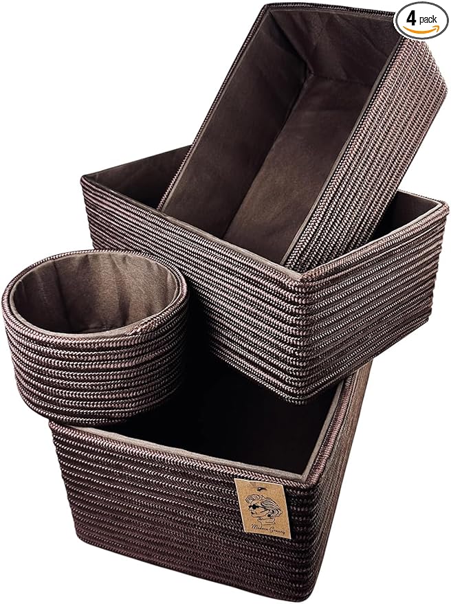 MODERN GRANNY Fashion Decor Vanity Box, Stackable Boxes Decoratives with Lined Interior, Storage Baskets Set of 4, Office Boho Baskets Shelf Box for Organizing, BROWN