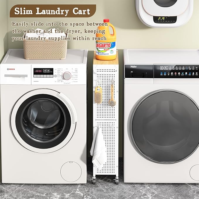 Utility Slim Storage Cart 4 Tier Small Rolling Kitchen Laundry Room Organization Cart with Wood Top Metal Narrow Laundry Room Shelves Cabinet Unit Laundry Organizer Trolley with Handle for Small space