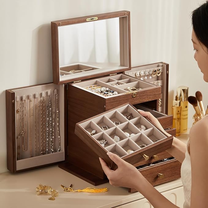 CHOSIN Black Walnut Wooden Jewelry Box, 6-Layer Lockable Wood Jewelry Organizer with Mirror, Side Doors & Brass Handle, Classical Design for Rings, Necklaces, Earrings, Watches, Christmas Gift Idea