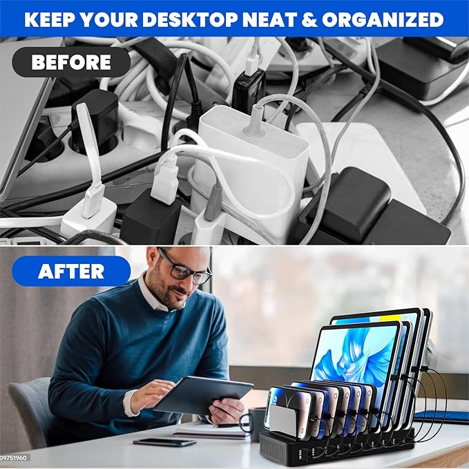 Charging Station for Multiple Devices, 100W 10 Ports Charging Dock with 10 Cables Smart IC Tech and Adjustable Dividers Type-C，Multi USB Charger for iPhone Galaxy iPad Tablet，Black