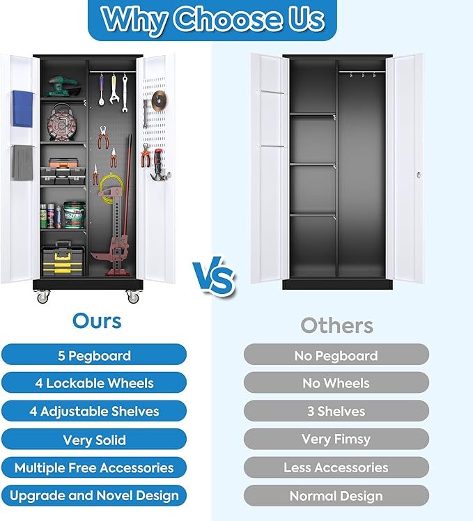 SUXXAN Broom Closet Storage Cabinet, Metal Cabinets with 13 Hooks and Hanging Rods, 71" Metal Storage Cabinet, Heavy Duty Cleaning Cabinet for Garage, Laundry Room