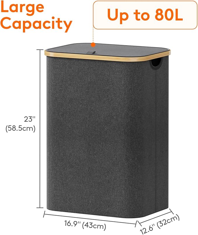 Lifewit 80L Laundry Basket with Lid, Clothes Hampers for Laundry with Bamboo Handles and A Removable Laundry Bag, Large Foldable Laundry Hamper for Bedroom, Bathroom, Dorm, Laundry Room, Dark Gray