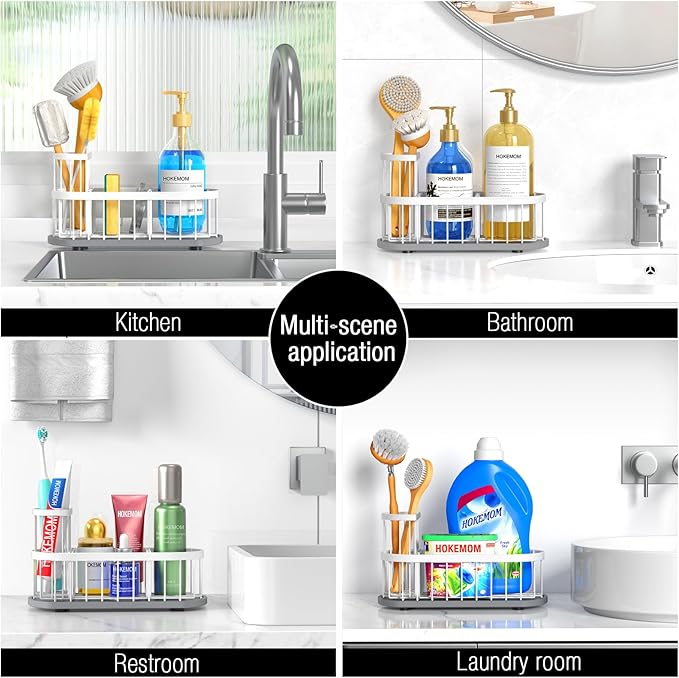 Kitchen Sink Organizer with Sponge Holder & Brush Holder - Drain-Free Non-Slip Base, 2.6mm Stainless Steel with White Rust-Resistant Coating - Easy Install & Clean Kitchen Sink Caddy