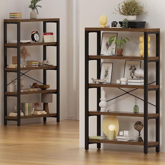 5-Tier 39.37" Wide Heavy Duty Bookshelf, Industrial Wood and Metal Bookshelf, Vintage Bookcase with Lock Wall Design, Living Room Shelf, Rustic Brown