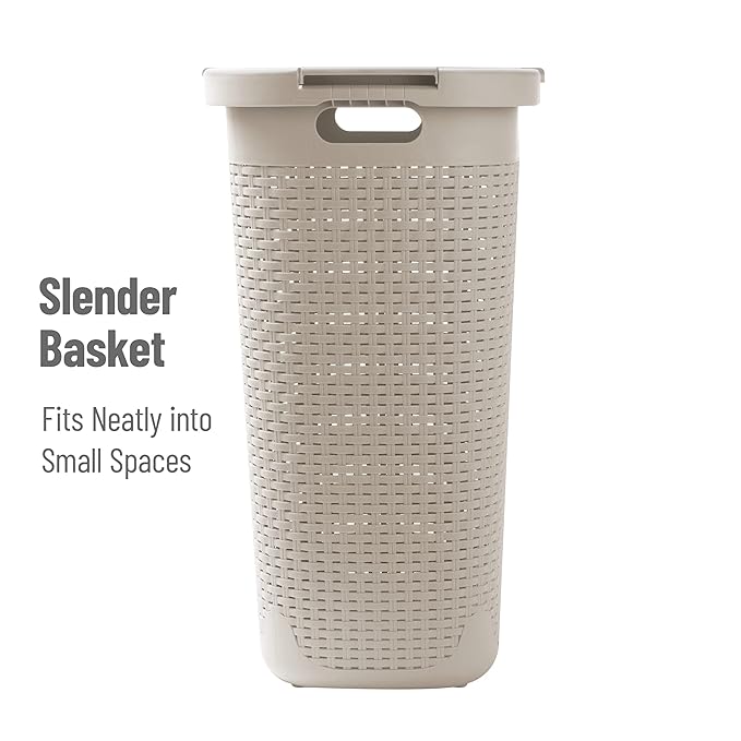 Mind Reader Slim Laundry Hamper with Lid, 60L Clothes Basket, Premium Wicker Design, Plastic, Ivory