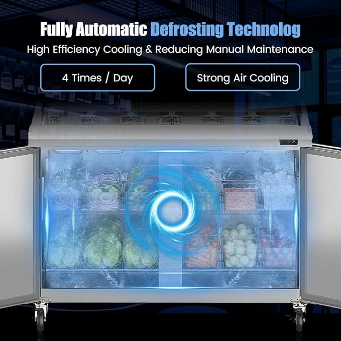 48" W Commercial Refrigerator Sandwich Salad Prep Table, Stainless Steel 2-Door Sandwich Prep Table Refrigerator, Counter Fan Cooling Refrigerator with 12 Pans for Restaurant, Bar