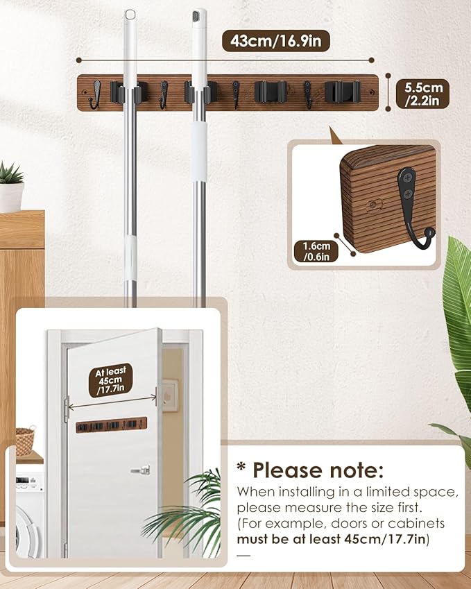 Broom Holder Wall Mounted, 4 Holders and 4 Hooks Mop Holder, Wooden Mop and Broom Holder with Anti slip rubber, Natural pine wood Brush Holder, Mop Wall Holde with Nail installation, Room Storage