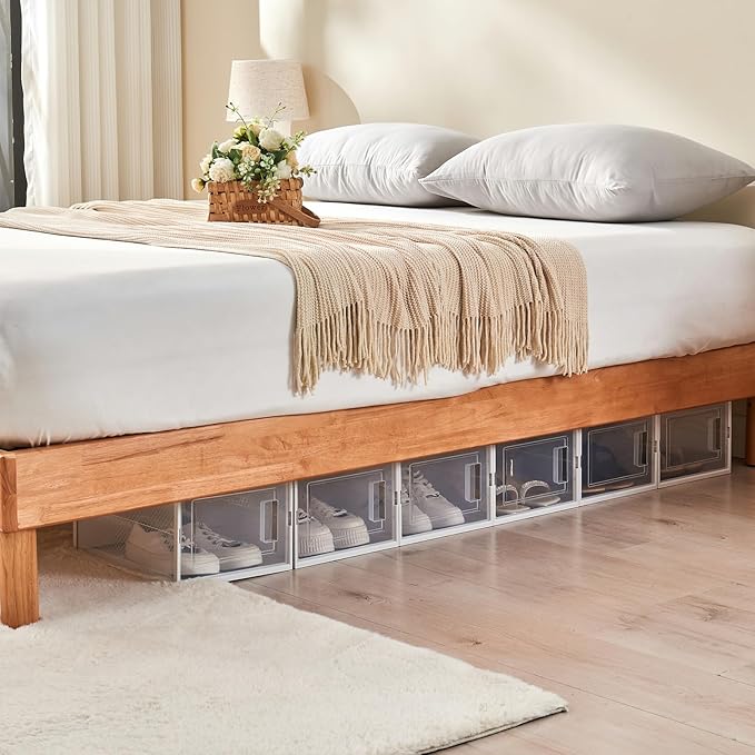 Shoe Boxes, Stack Without Toppling Modular storage boxes combine freely for use in closets, under beds, hallways, and entryways. Space-saving. (Transparent, 12 Pack)