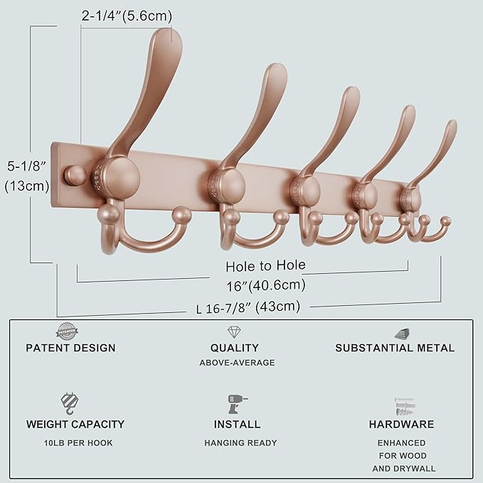Dseap Coat Rack Wall Mount 2.0 Pro: Heavy Duty 300% Thicker, 16" Stud Mount, Stainless Steel Wall Coat Hooks Hanger for Clothes Jackets Hats Entryway Closet, MaxStrong Series, Rose Gold