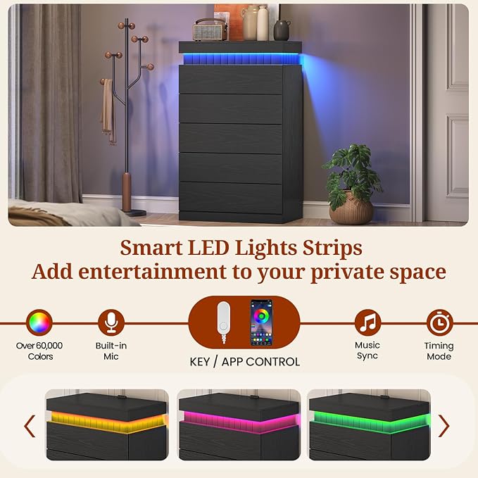 Tall Black 5 Dresser for Bedroom, Sliding Top Storage Space, Modern Wood Drawers with LED Light and Power Outlet, Large Chest of Drawer for Living Room, Hallway, Entryway (5 Drawers,Black)