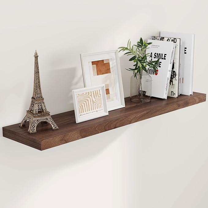 Floating Shelves 48 Inch Long, 48"W x 9.3"D Wall Shelf Invisible Bracket, 9.3 Inch Deep Floating Shelf for Wall, Rustic Wooden Shelves for Living Room, Kitchem, Bedroom, Walnut Color, Set of 1