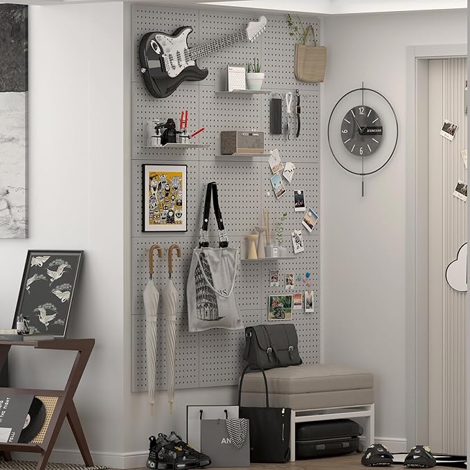 Pegboard,Metal PegBoard Panels,Steel Wall Pegboard,Metal Peg Board Wall Organizer for Office,Crafts Organization, Ornaments Display,Grey
