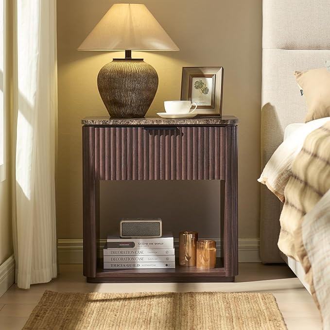 Fluted Nightstand with Drawer, Bedside Table with Faux Marble-Top, Engineered Wood Side Table with Open Shelf, Curved Corners, Metal Handle, Modern Night Stand for Bedroom, Small Spaces, Dark Oak