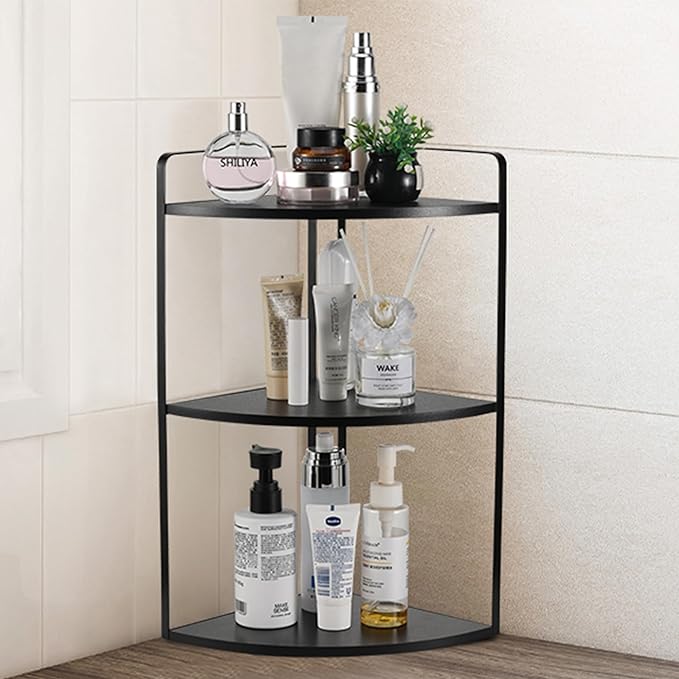3 Tier Corner Bathroom Counter Organizer, Countertop Organizer, Vanity Organizers, Bathroom Storage Sink Shelf, Wooden and Metal Counter Shelf, Corner Counter (Black)