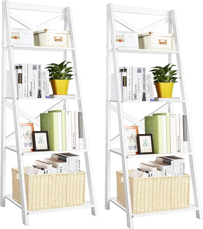 Tangkula 4-Tier Ladder Shelf Bookcase Leaning Free Standing Wooden Frame Decor Bookshelf Storage Flower Shelf Plant Display Shelf for Home Office (White, 2)