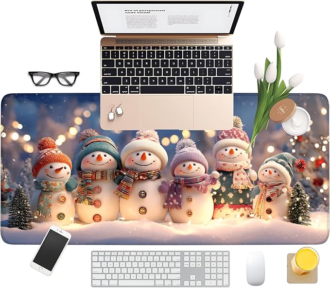 Six Snowmen Gaming Mouse Pad 35.4"x15.7"Desk Mat Anti-Slip Rubber Base & Durable Stitched Edges for Gamers Smooth Mouse Writing Surface for Desk Office/Home
