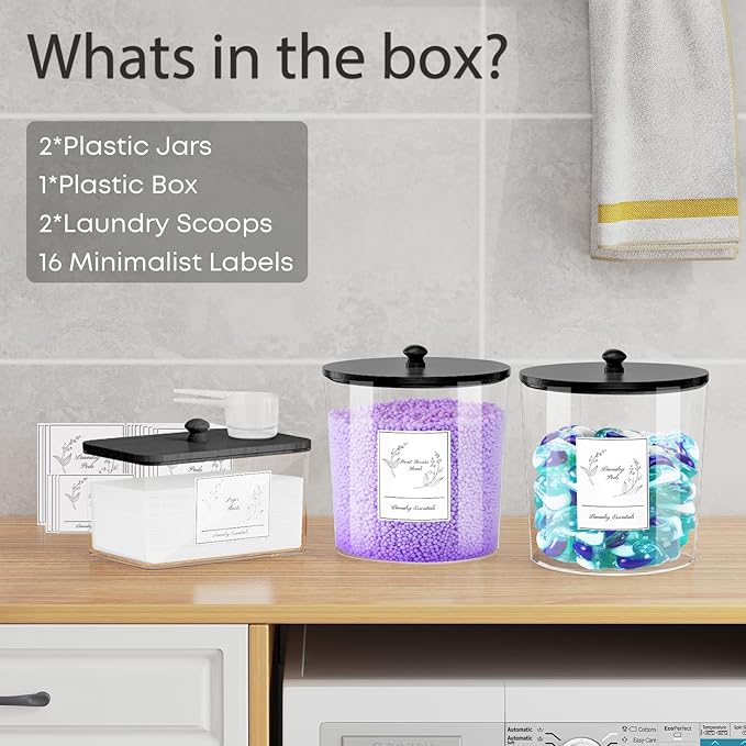 3 Pack Laundry Powder Container & Dryer Sheet Holder, Plastic Laundry Room Organization and Storage Jars with Lids, Labels & Scoops for Powder, Detergent, Scent Booster (Black Lid)