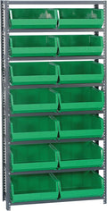 Quantum Storage Systems QSBU-250GN Giant Open Hopper Steel Shelving System, 12" D x 36" W x 75" H, with 8 Shelves and 14 QUS250 Bins, Green