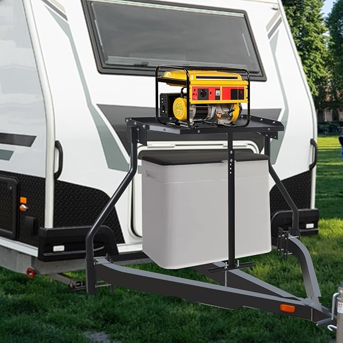 Trailer Tray RV Generator Mount, Front Mount Cargo Carrier & Storage Rack for Travel, A-Frame Mounted Tray (Black)