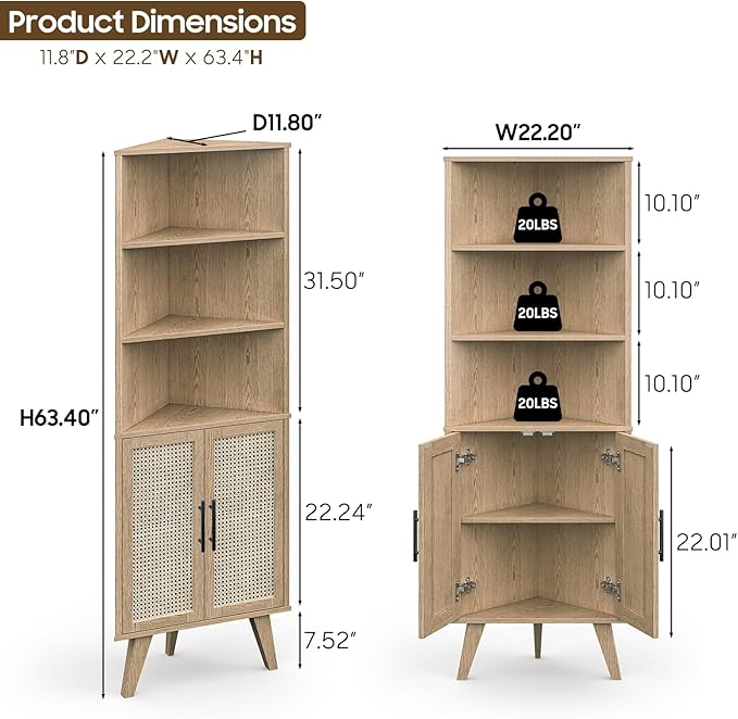 Corner Cabinet with Rattan Doors, Tall Farmhouse Corner Display Shelf with Bottom Storage Cabinet and 3 Adjustable Shelves Home Office Space Saver for Bathroom, Kitchen, Bedroom and Living Room
